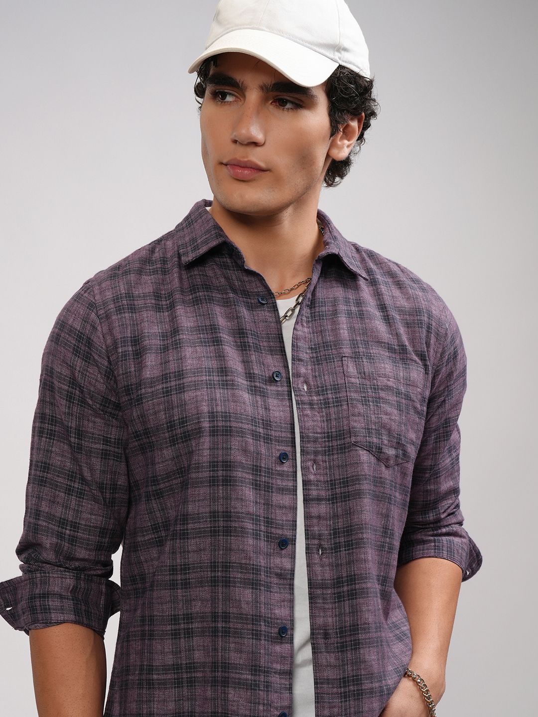 

HIGHLANDER Men Spread Collar Tartan Checked Cotton Casual Shirt, Mauve