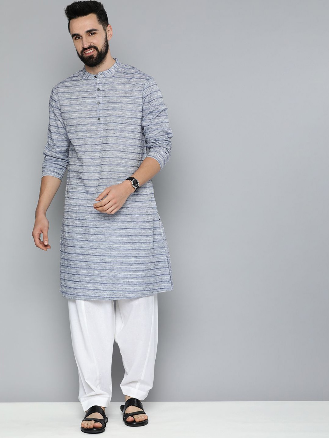 

HERE&NOW Men Striped Regular Kurta with Pyjamas, Grey