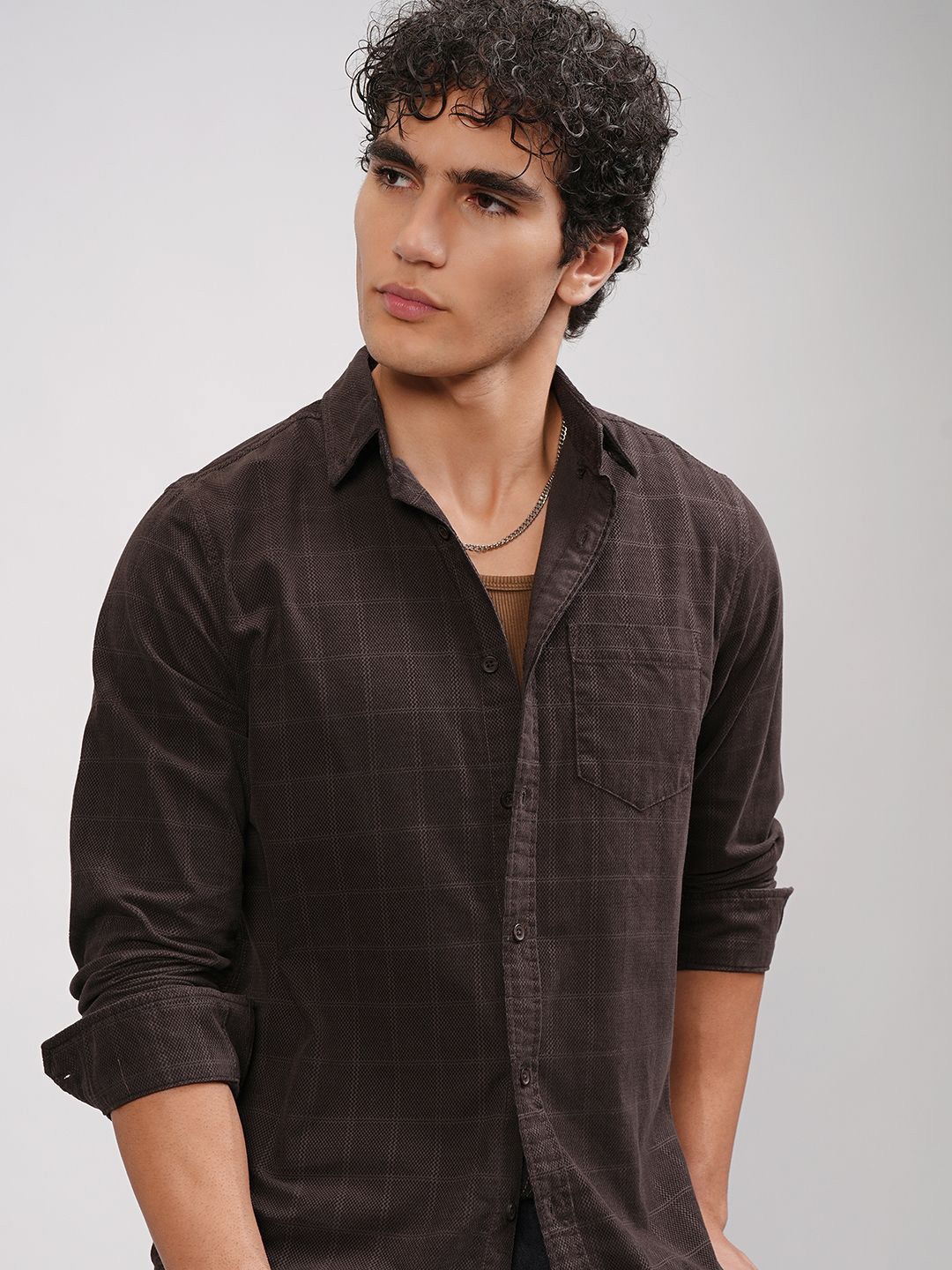 

HIGHLANDER Men Textured Checked Button Down Casual Shirt, Olive