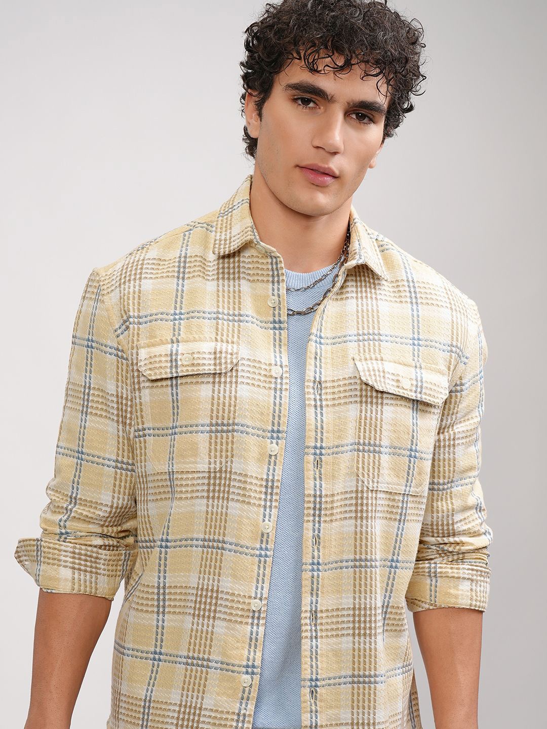 

HIGHLANDER Men Spread Collar Tartan Checked Relaxed Fit Cotton Casual Shirt, Beige