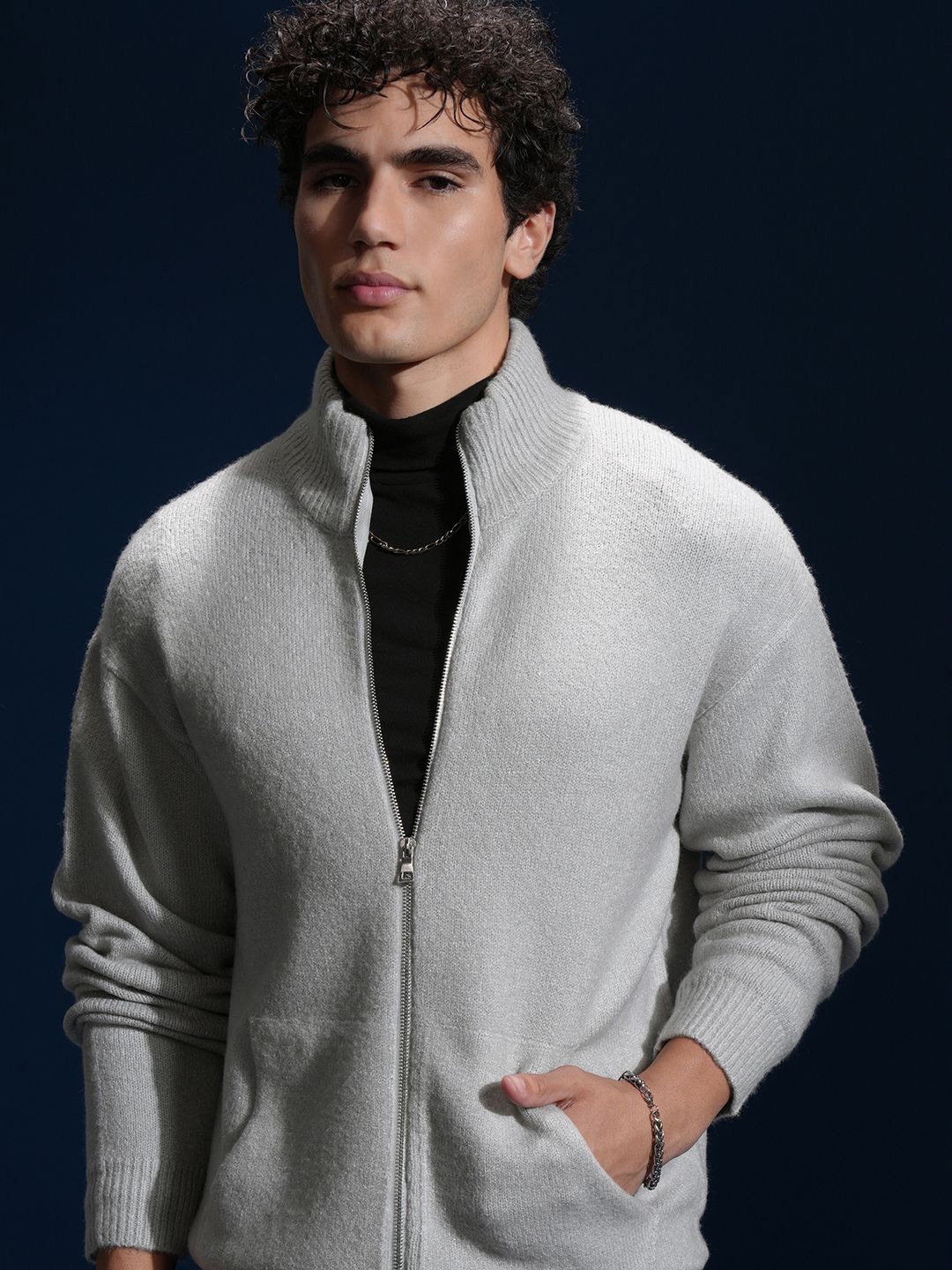 

HIGHLANDER Men Front Open High Neck Sweater, Grey