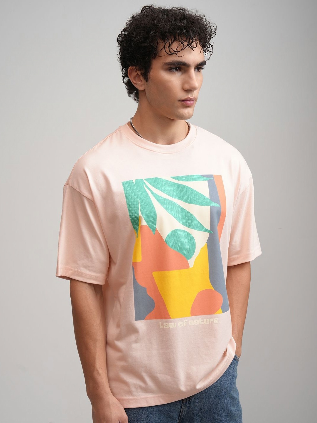 

HIGHLANDER Men Printed Round Neck Drop Shoulder Oversized T-shirt, Peach