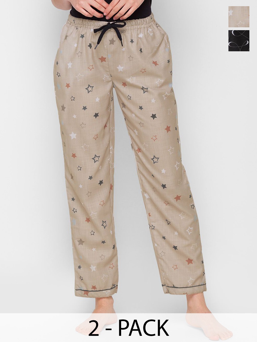 

NOIRA Women Pack Of 2 Printed Mid-Rise Lounge Pants, Black