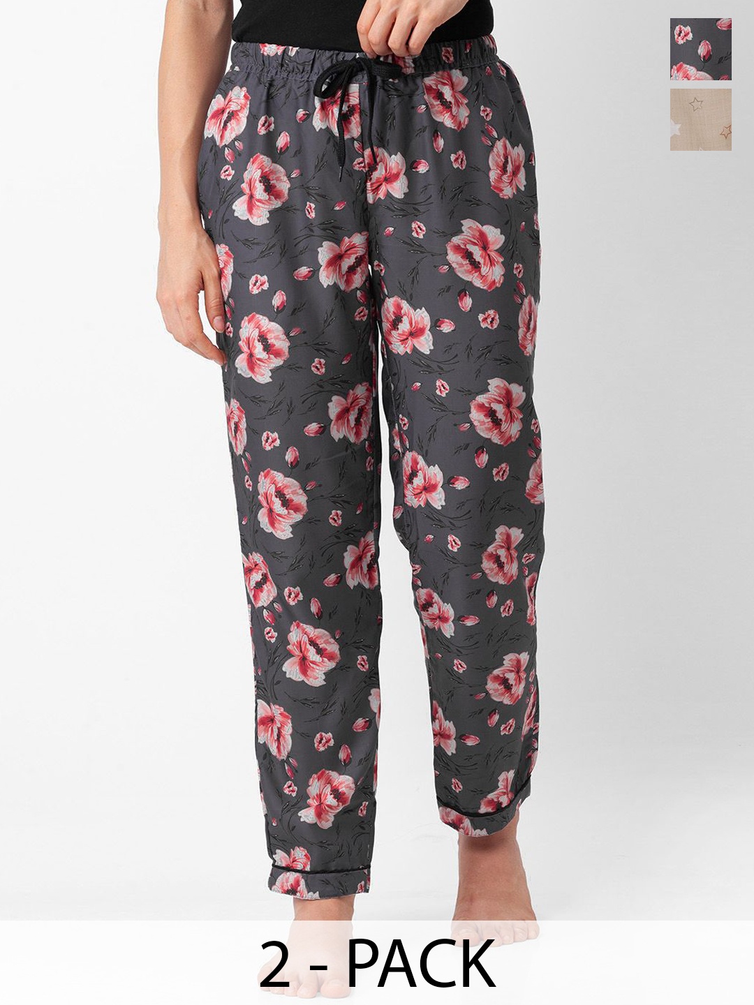 

NOIRA Women Pack Of 2 Printed Mid-Rise Lounge Pants, Grey