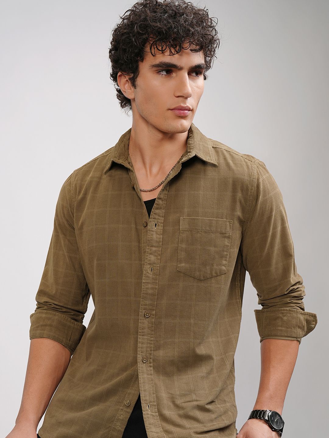 

HIGHLANDER Men Textured Checked Button Down Casual Shirt, Khaki