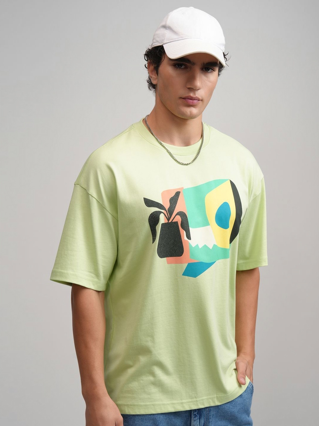 

HIGHLANDER Men Lime Printed Round Neck Drop Shoulder Oversized T-shirt, Lime green