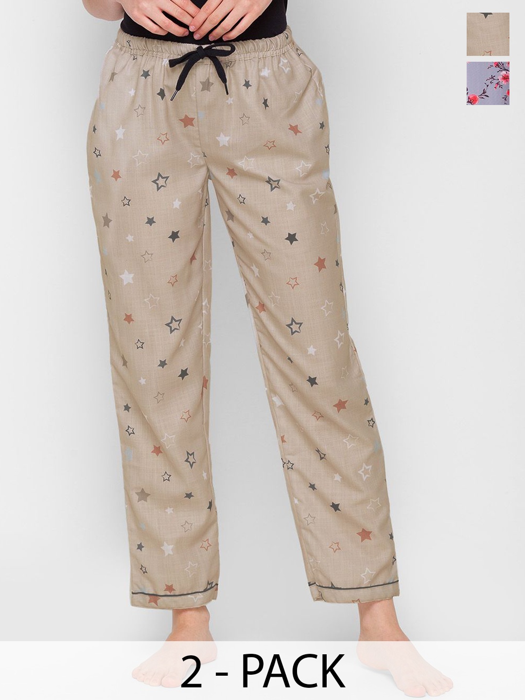 

NOIRA Women Pack Of 2 Printed Mid-Rise Lounge Pants, Grey