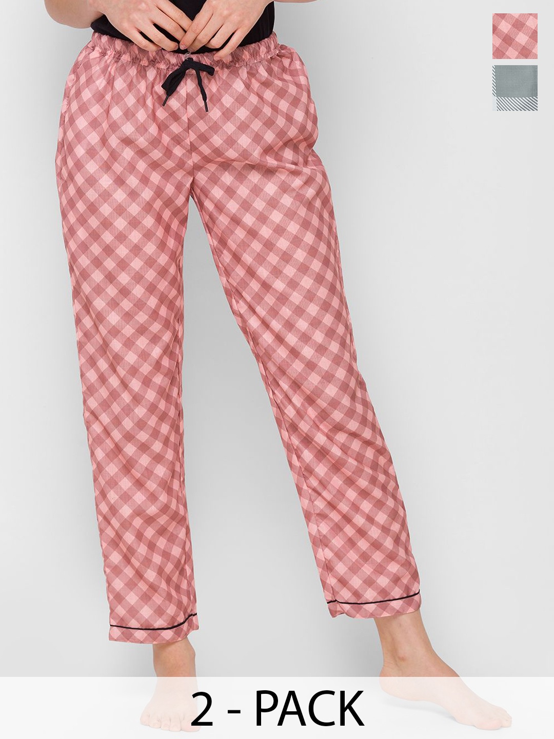 

NOIRA Women Pack Of 2 Checked Mid-Rise Lounge Pants, Pink