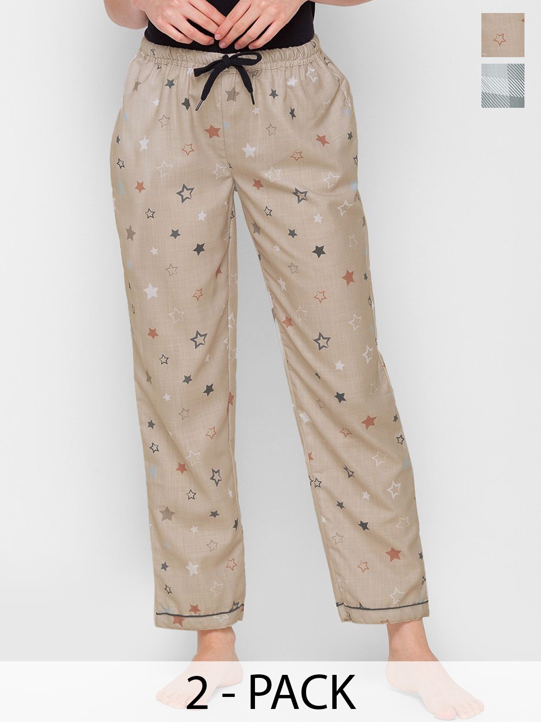 

NOIRA Women Pack Of 2 Printed Mid Rise Lounge Pants, Beige