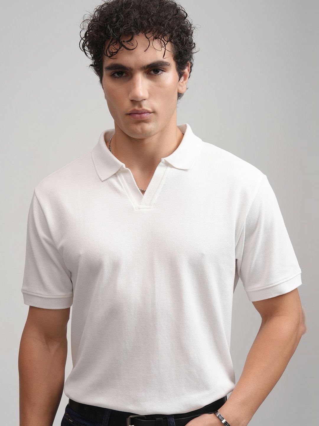 

HIGHLANDER Men Striped Polo Collar Relaxed T-shirt, White