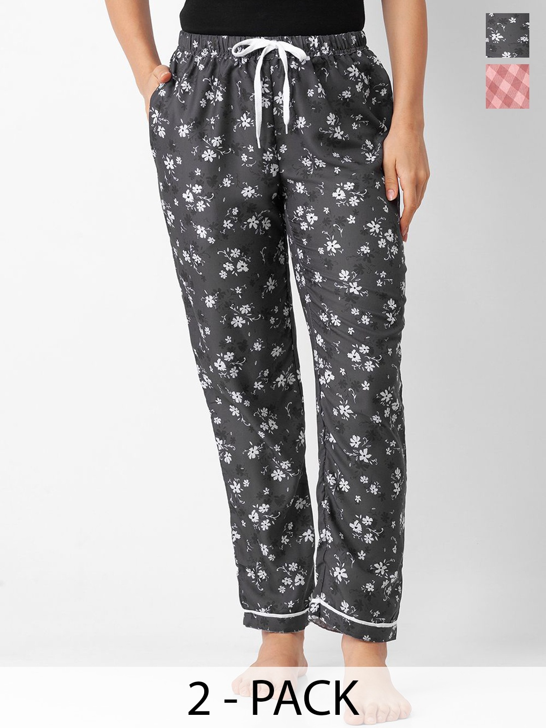

NOIRA Women Pack Of 2 Printed Mid-Rise Lounge Pants, Black