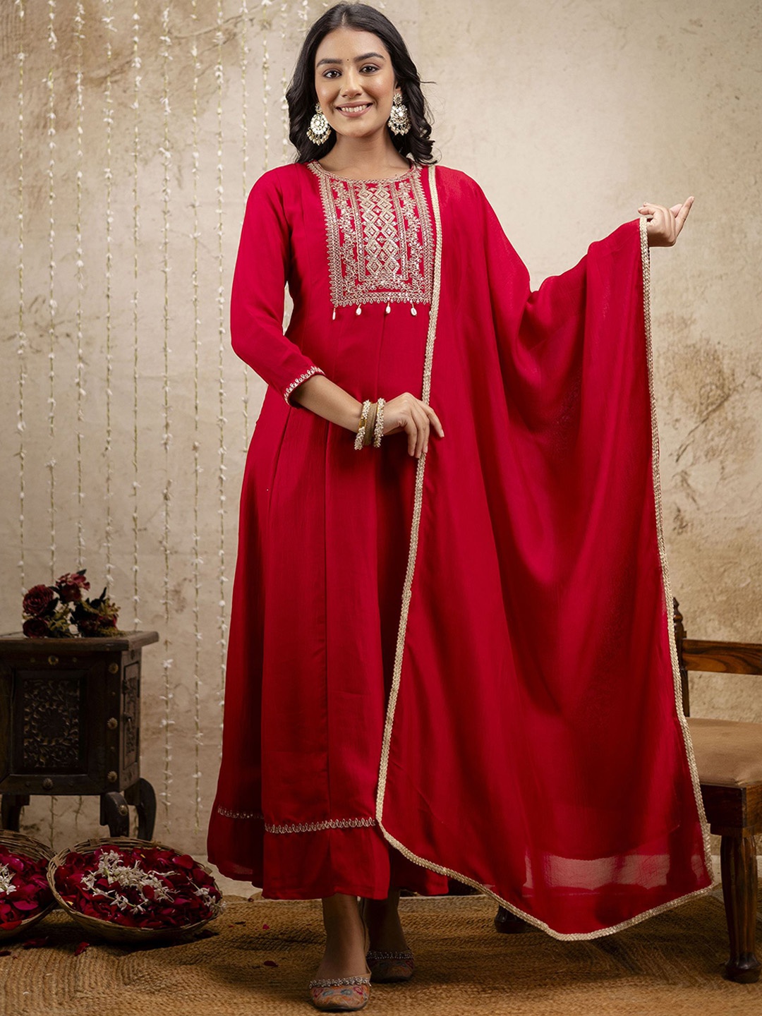 

mokshi Women Red Embroidered Anarkali Kurta with Dupatta