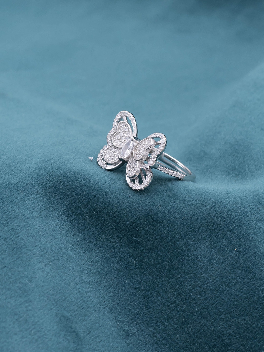 

SILMORA Platinum-Plated Cubic Zirconia Stone-Studded Adjustable Finger Ring, Silver