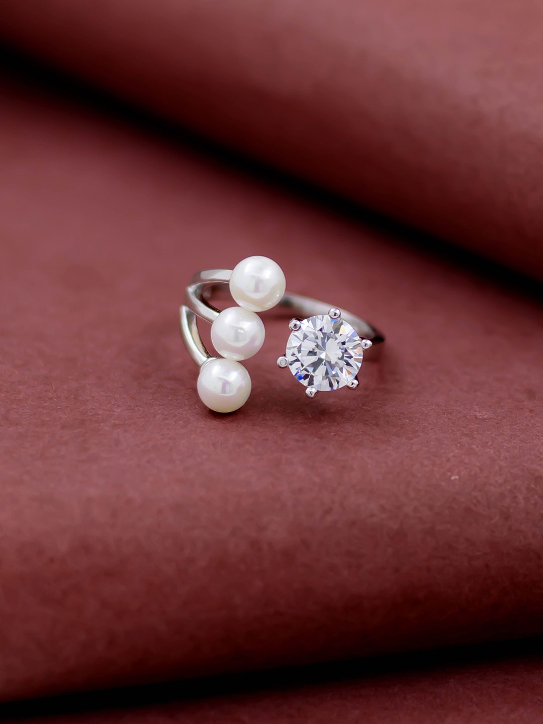 

SILMORA Platinum-Plated Artificial Stone-Studded & Beaded Adjustable Finger Ring, Silver