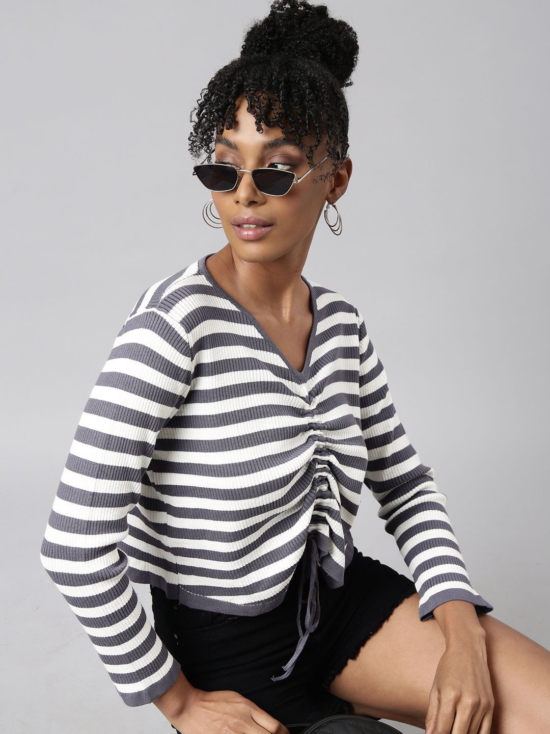 

SHOWOFF Women Striped V-Neck Top, Grey