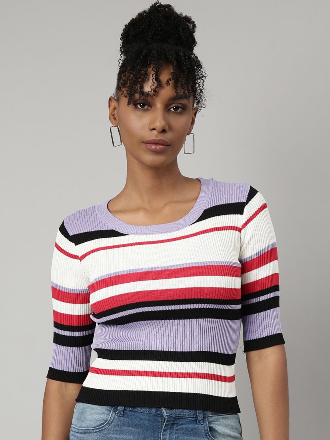 

SHOWOFF Women Round Neck Striped Fitted Top, Lavender