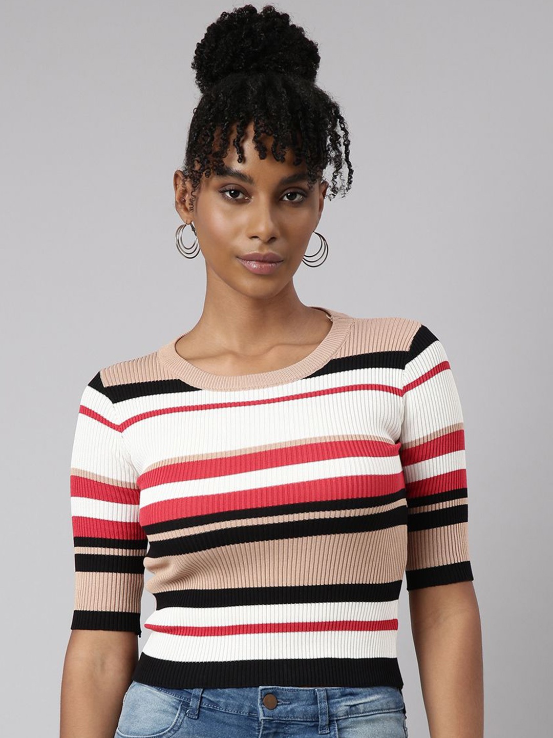 

SHOWOFF Women Striped Fitted Crop Top, Beige