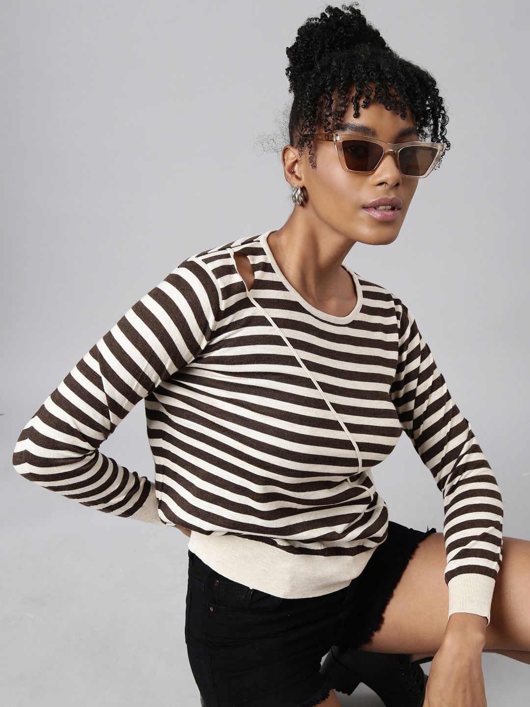 

SHOWOFF Women Horizontal Stripes Fitted Top, Brown