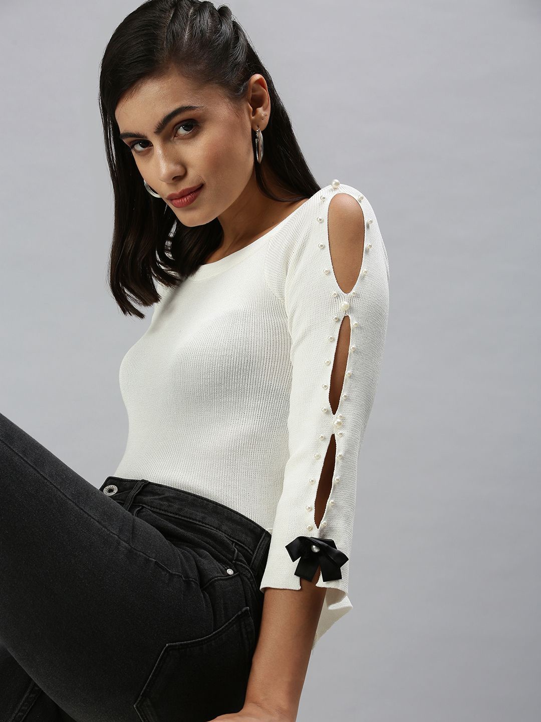 

SHOWOFF Women Flared Sleeve Studded Top, White