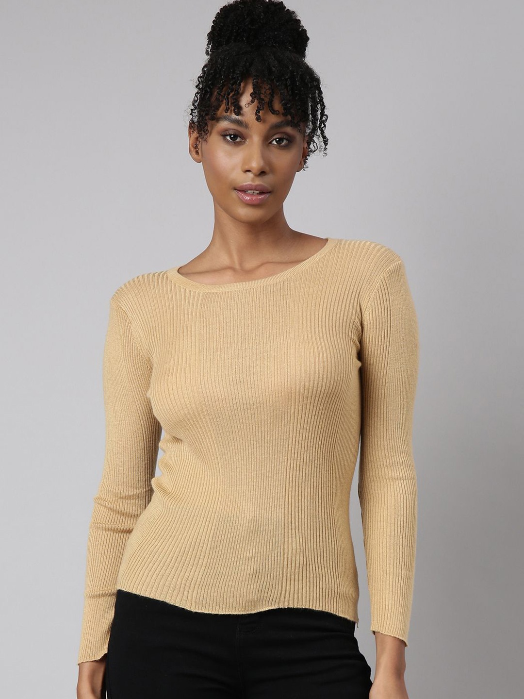 

SHOWOFF Women Ribbed Fitted Top, Beige