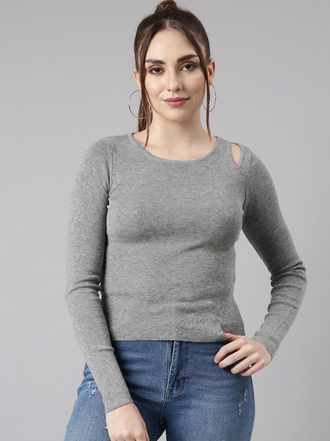 

SHOWOFF Women Monochrome Fitted Top, Grey