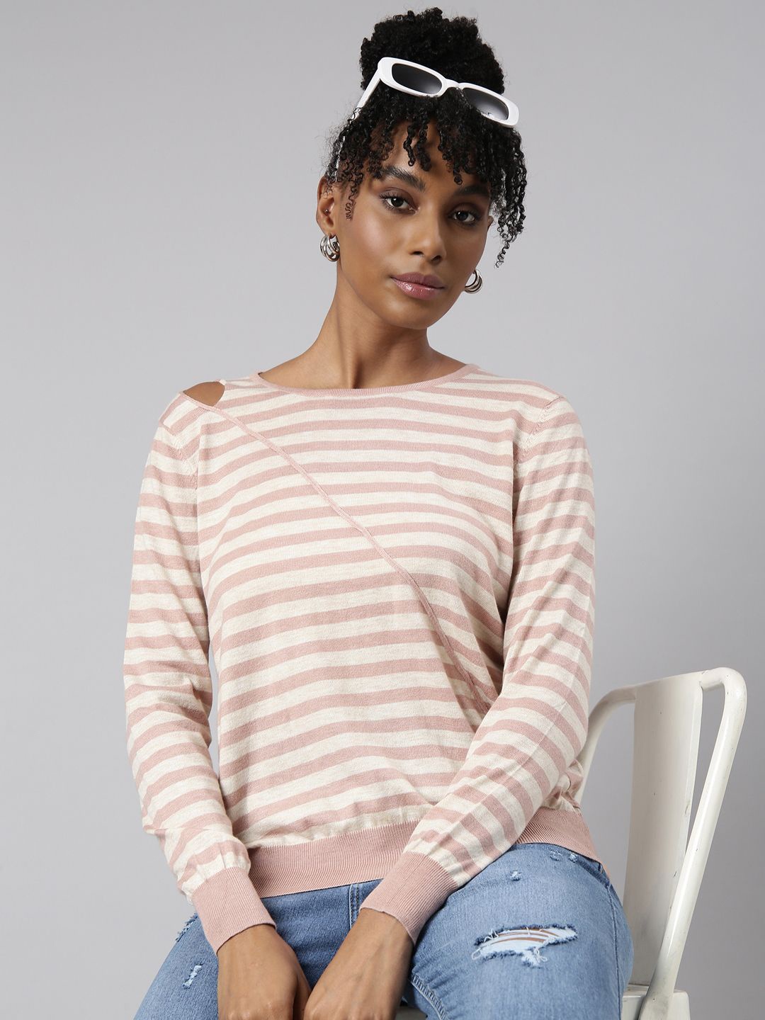 

SHOWOFF Women Horizontal Stripes Winter Wear Top, Peach