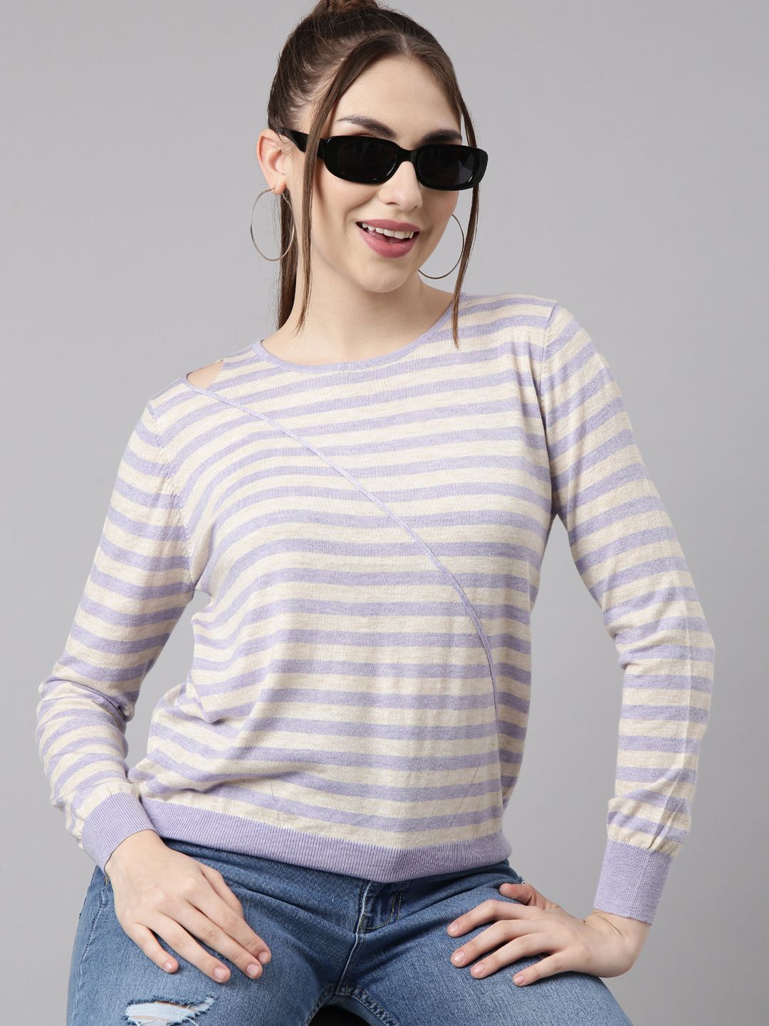 

SHOWOFF Women Horizontal Stripes Fitted Top, Lavender