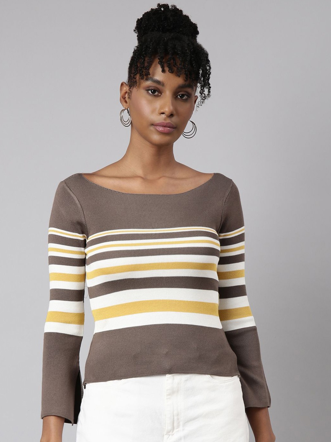 

SHOWOFF Women Boat Neck Striped Slit Sleeve Fitted Winter Wear Top, Olive