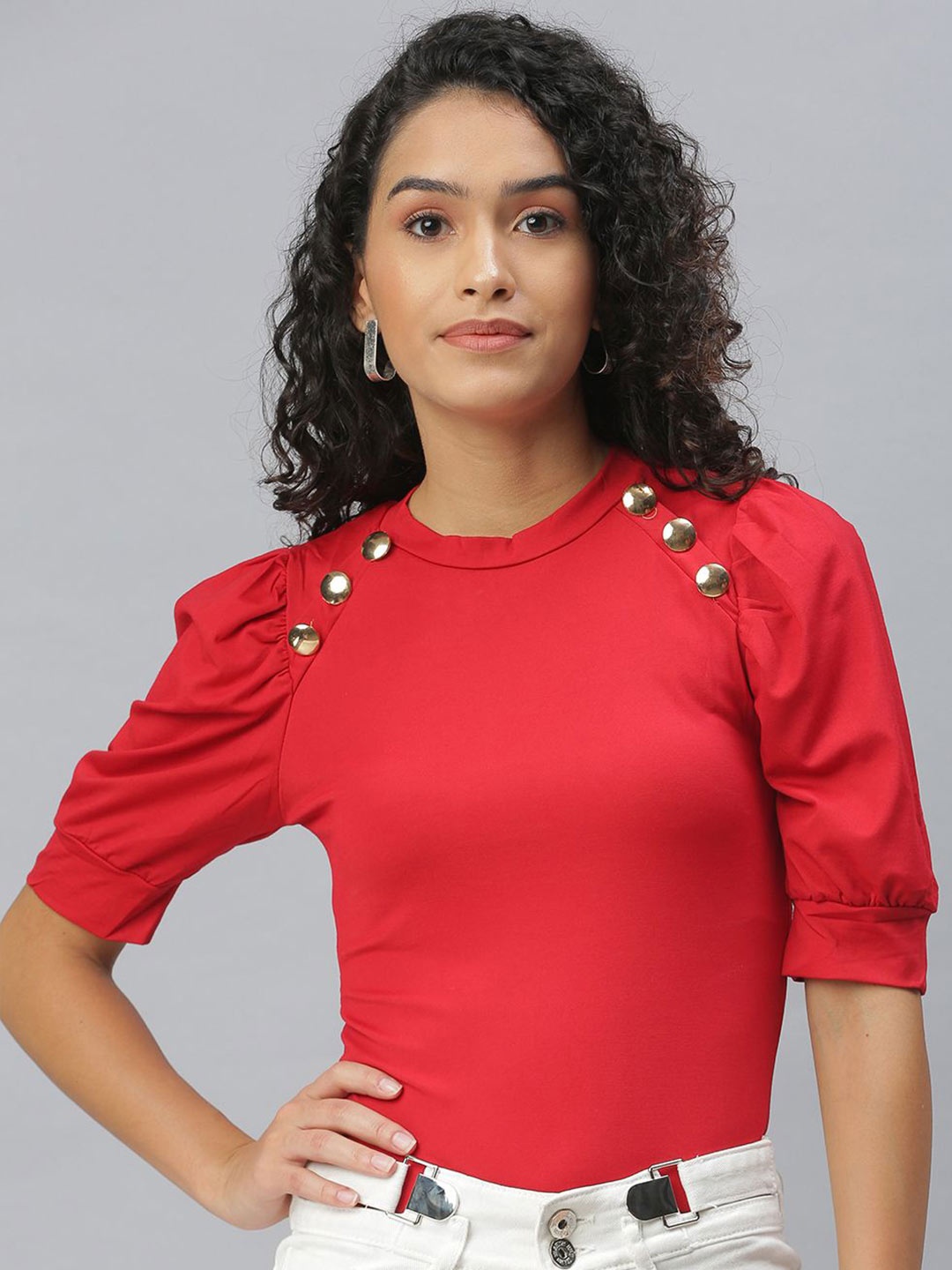 

SHOWOFF Women Round Neck Puff Sleeve Top, Red