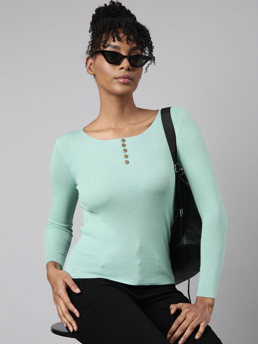 

SHOWOFF Round Neck Ribbed Fitted Top, Sea green