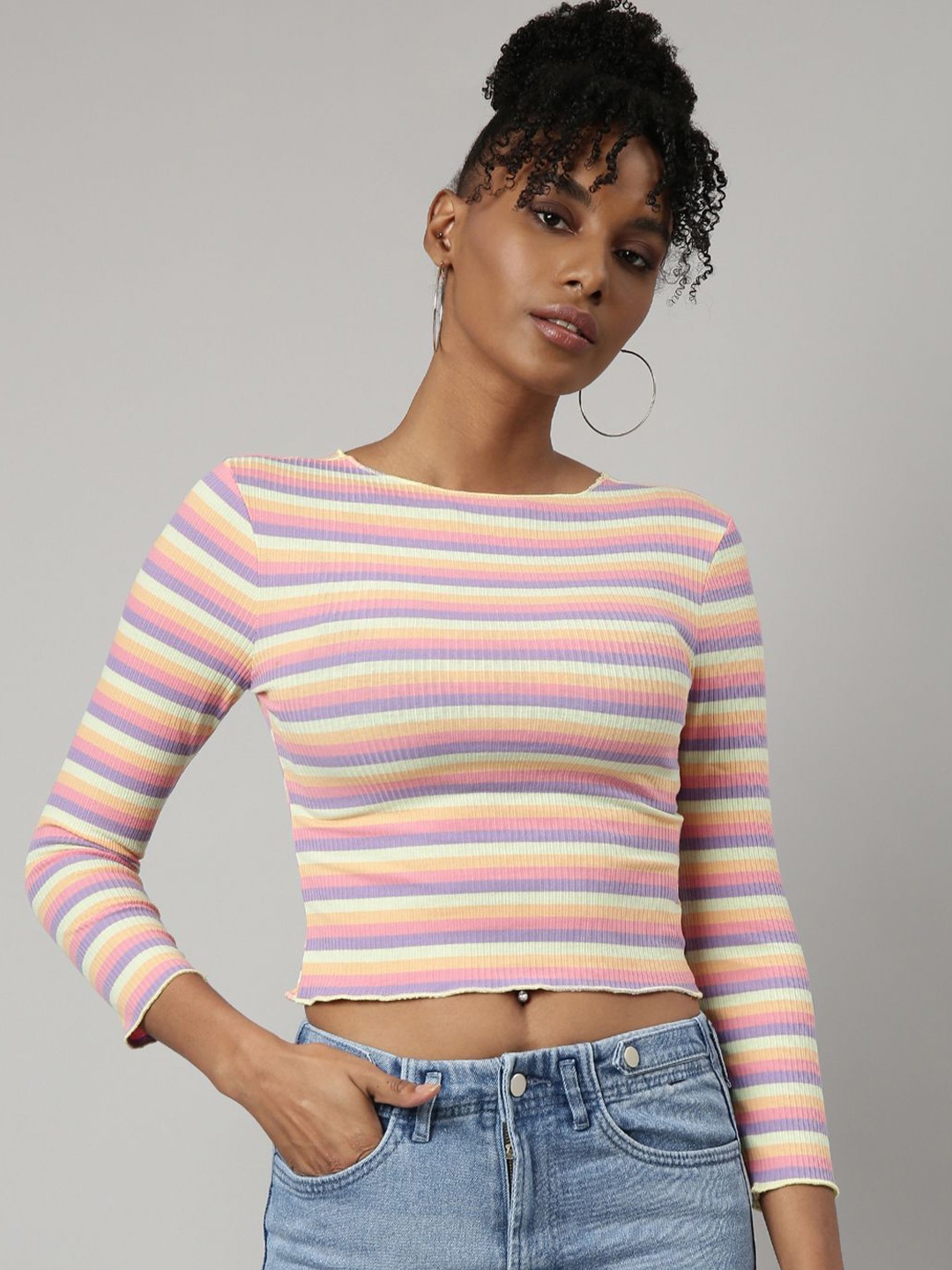 

SHOWOFF Women Striped Fitted Crop Top, Pink