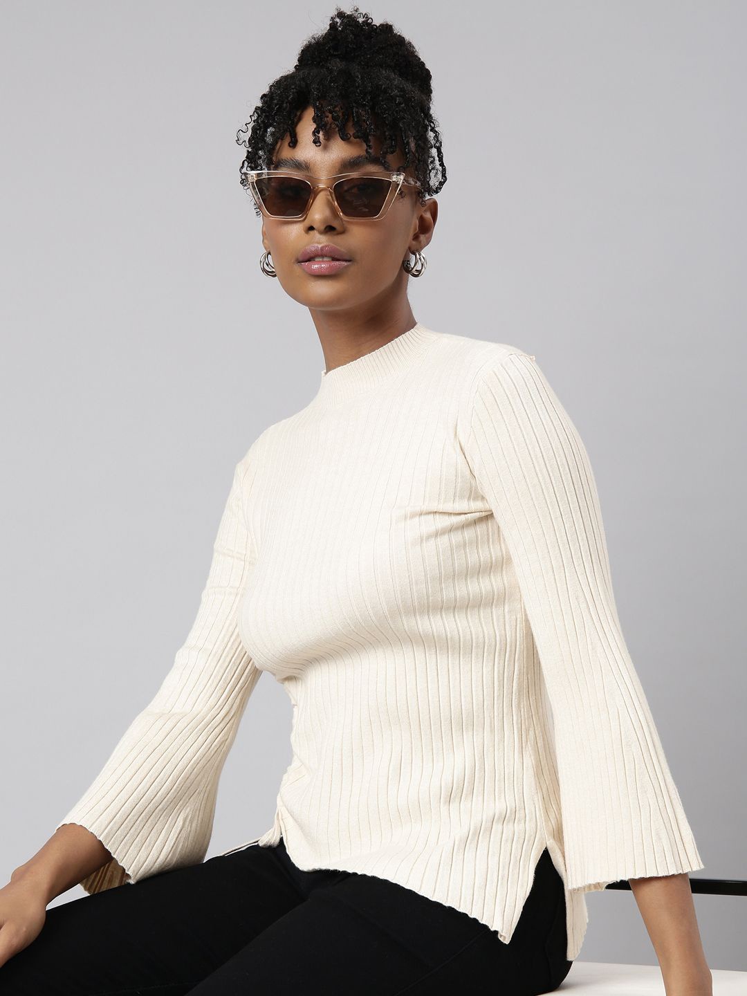 

SHOWOFF -Women Ruched Bell Sleeve Ribbed Fitted Winter Wear Top, Cream