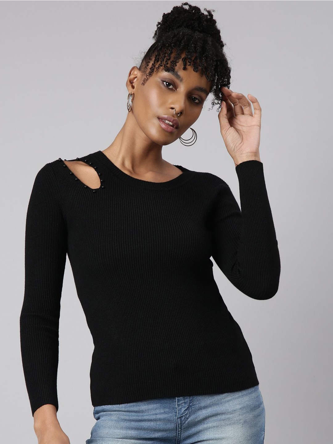 

SHOWOFF Women Ribbed Fitted Top With Cut Out Detailed, Black