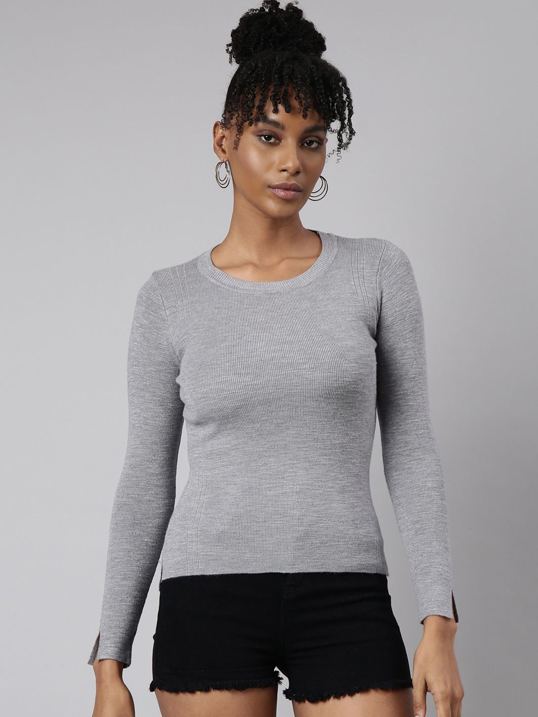 

SHOWOFF Women Round Neck Fitted Top, Grey