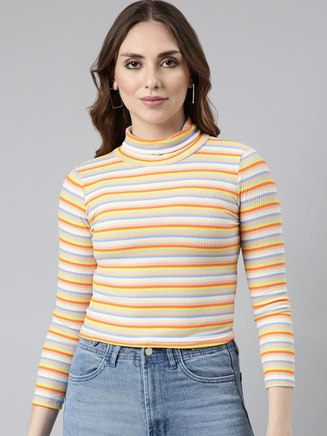 

SHOWOFF Women Striped Crop Top, Orange