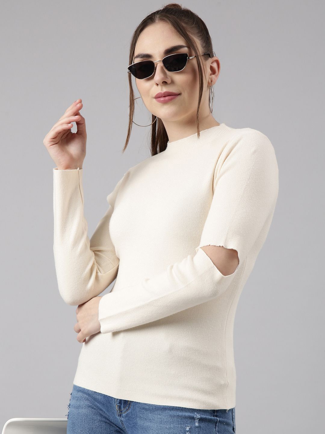 

SHOWOFF Women Ribbed High Neck Fitted Top With Cut Out Details, Cream