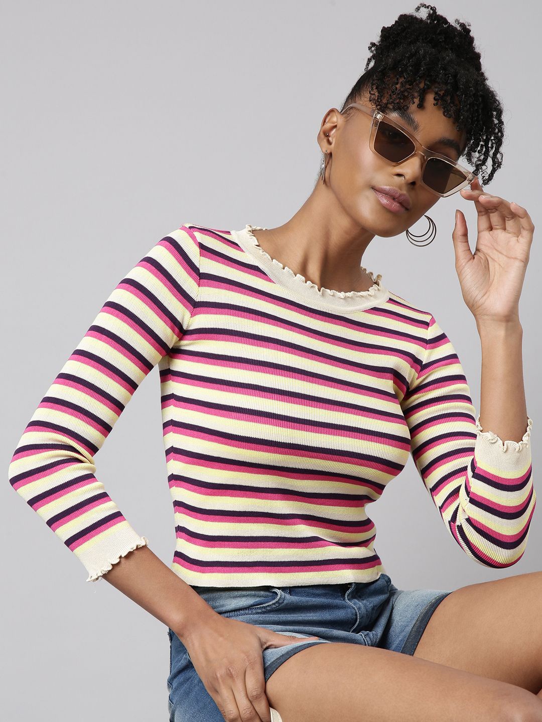 

SHOWOFF Women Striped Ribbed Winter Wear Fitted Top, Pink