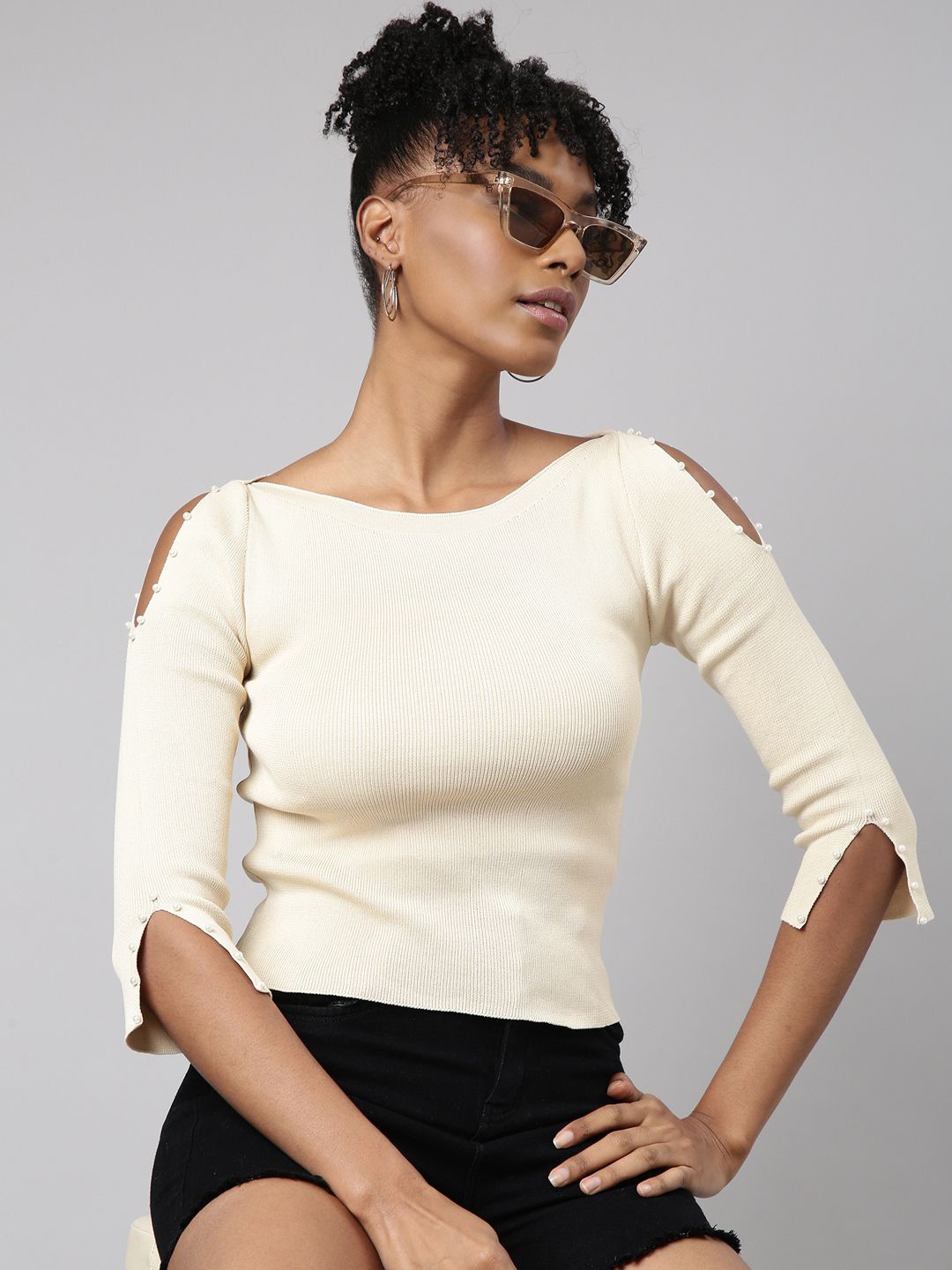 

SHOWOFF Women Ribbed Slit Sleeve Top, Cream