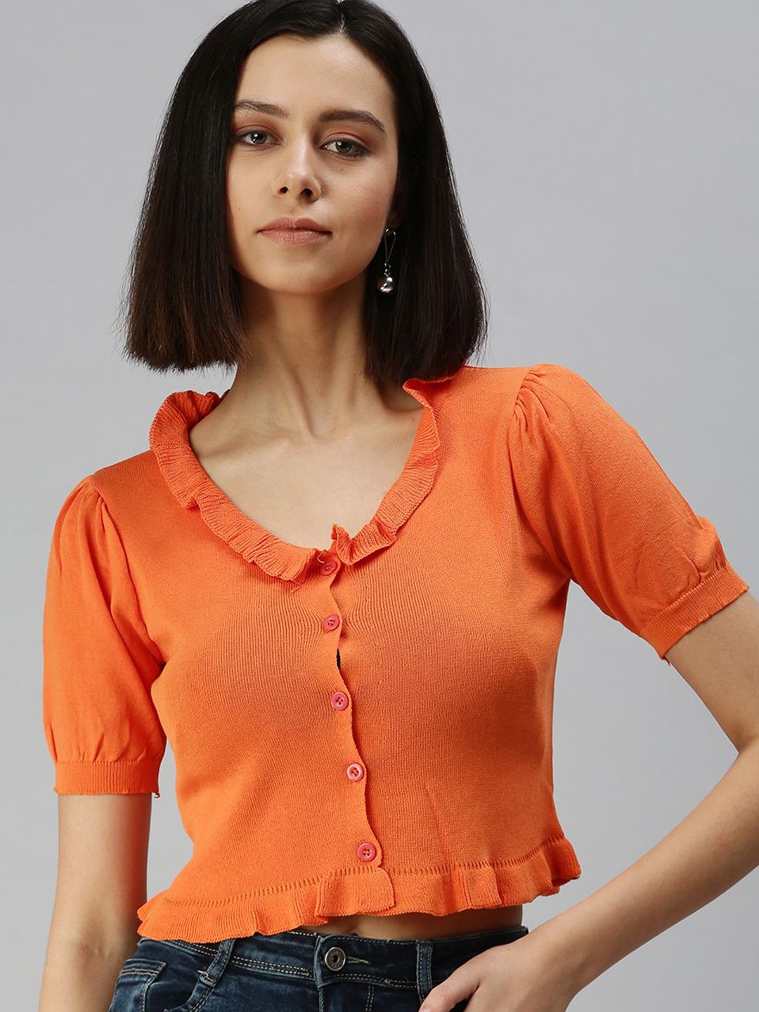 

SHOWOFF Puff Sleeve Ruffles Crop Top, Orange