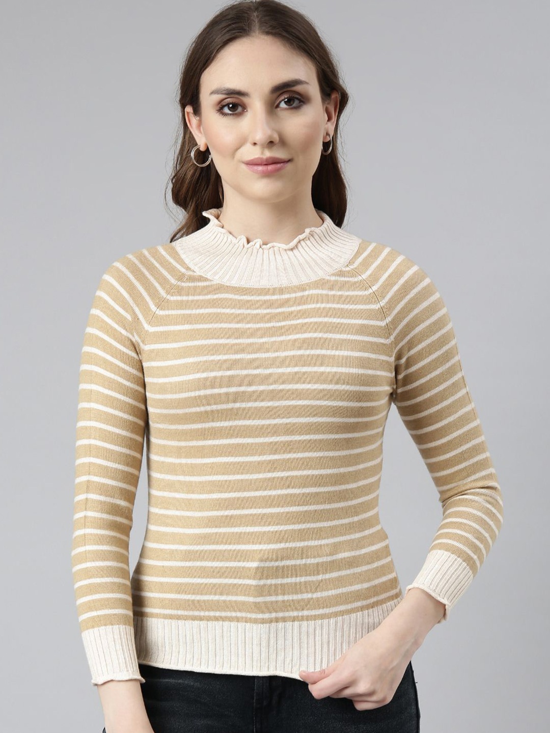 

SHOWOFF Women Horizontal Stripes Fitted Top, Brown