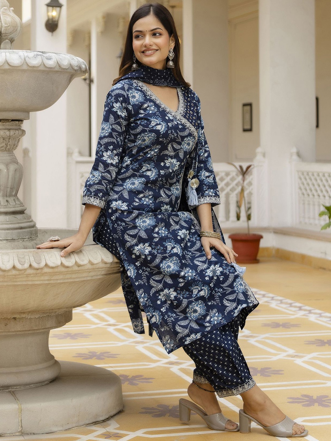 

EthniFlair Women Floral Embroidered Angrakha Aari Work Pure Cotton Kurta with Patiala & With Dupatta, Blue