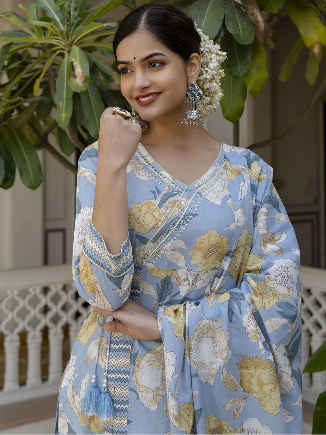 

EthniFlair Women Floral Embroidered Angrakha Aari Work Pure Cotton Kurta with Pyjamas & With Dupatta, Blue