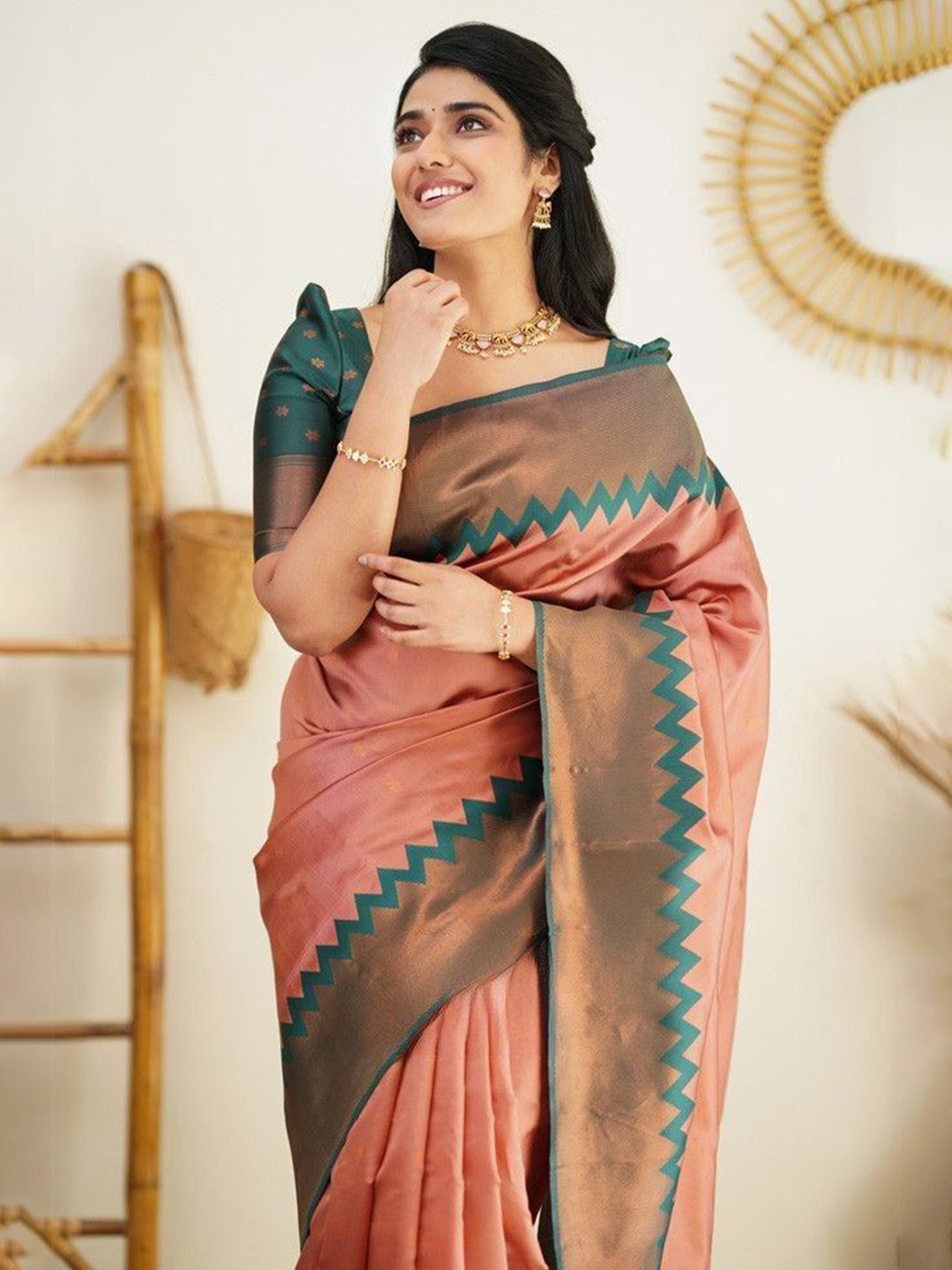

Taslar Woven Design Zari Pure Silk Banarasi Saree, Peach