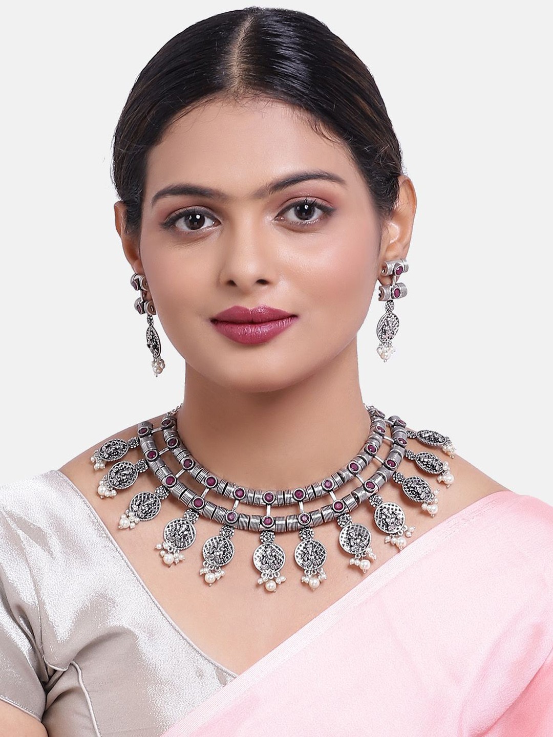 

GRIIHAM Silver-Plated Artificial Stone-Studded & Beaded Jewellery Set