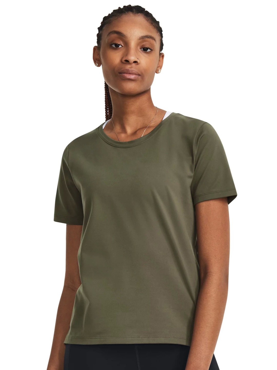 

UNDER ARMOUR Women UA Meridian Solid Round Neck Training or Gym T-shirt, Olive
