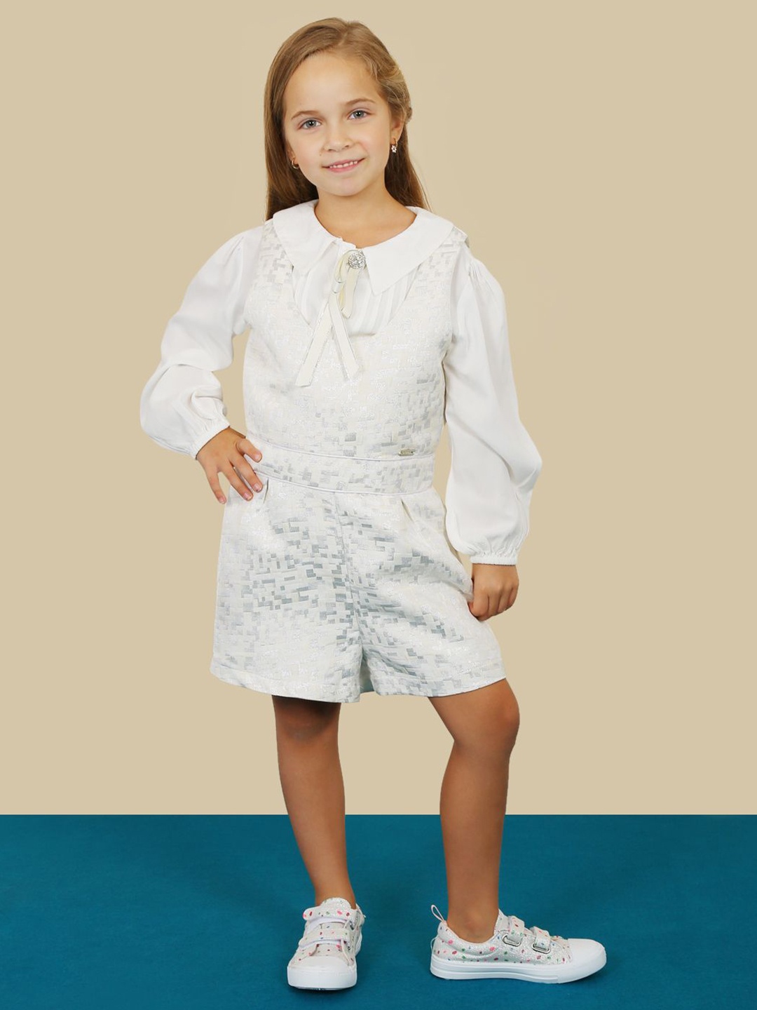 

One Friday Girls Printed Basic Jumpsuit with Shirt, Off white