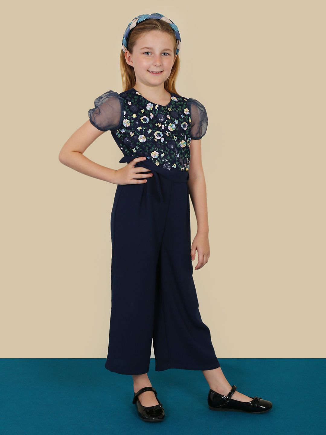 

One Friday Girls Navy Blue Half Sleeves Jumpsuit