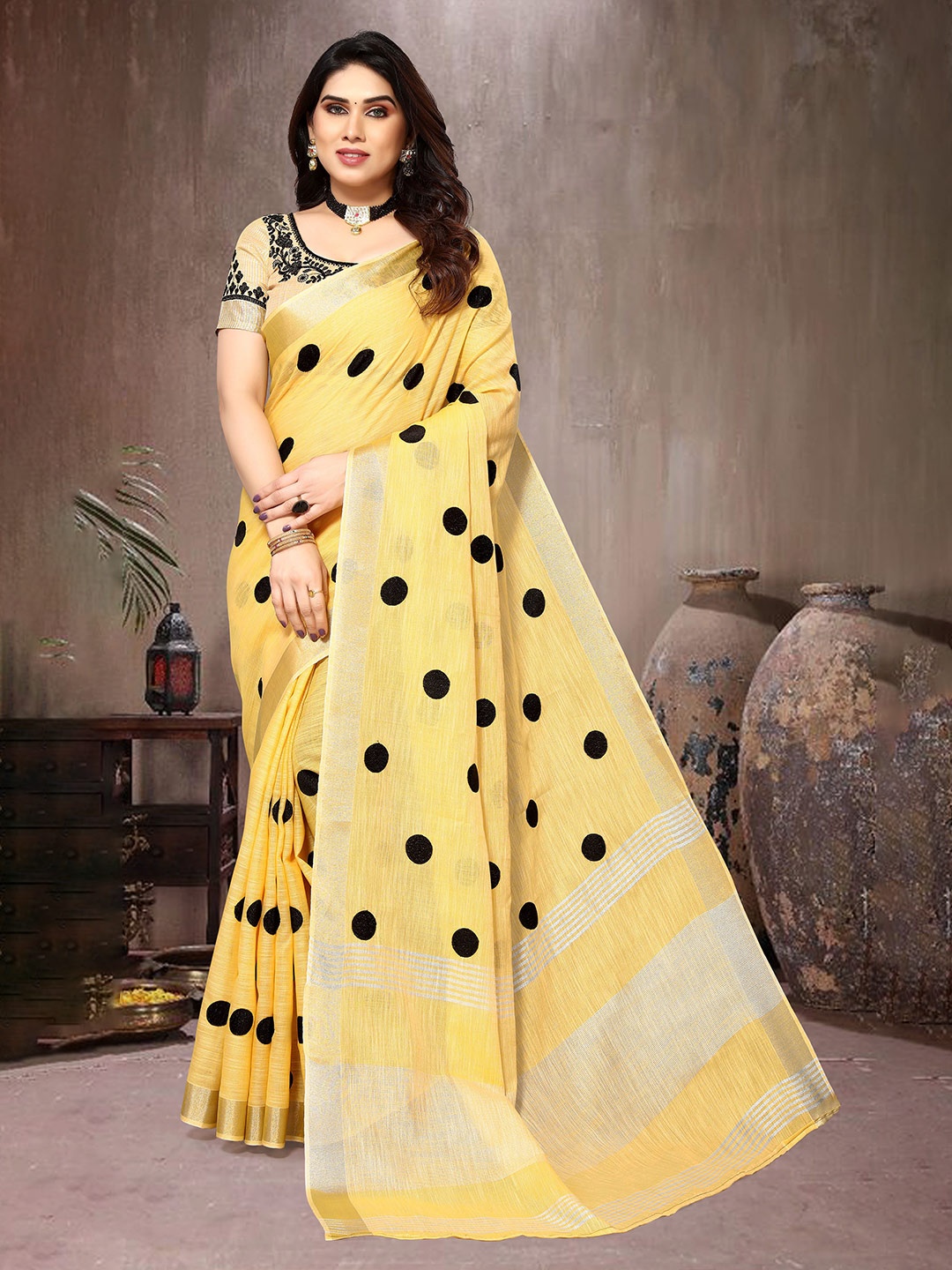 

NIRMAL CREATION Polka Dots Embellished Zari Pure Cotton Saree, Yellow