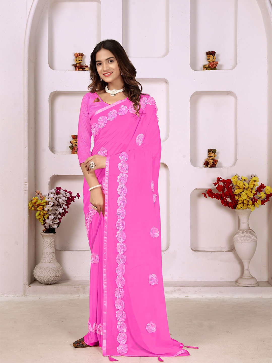 

NIRMAL CREATION Floral Embroidered Pure Georgette Saree, Pink