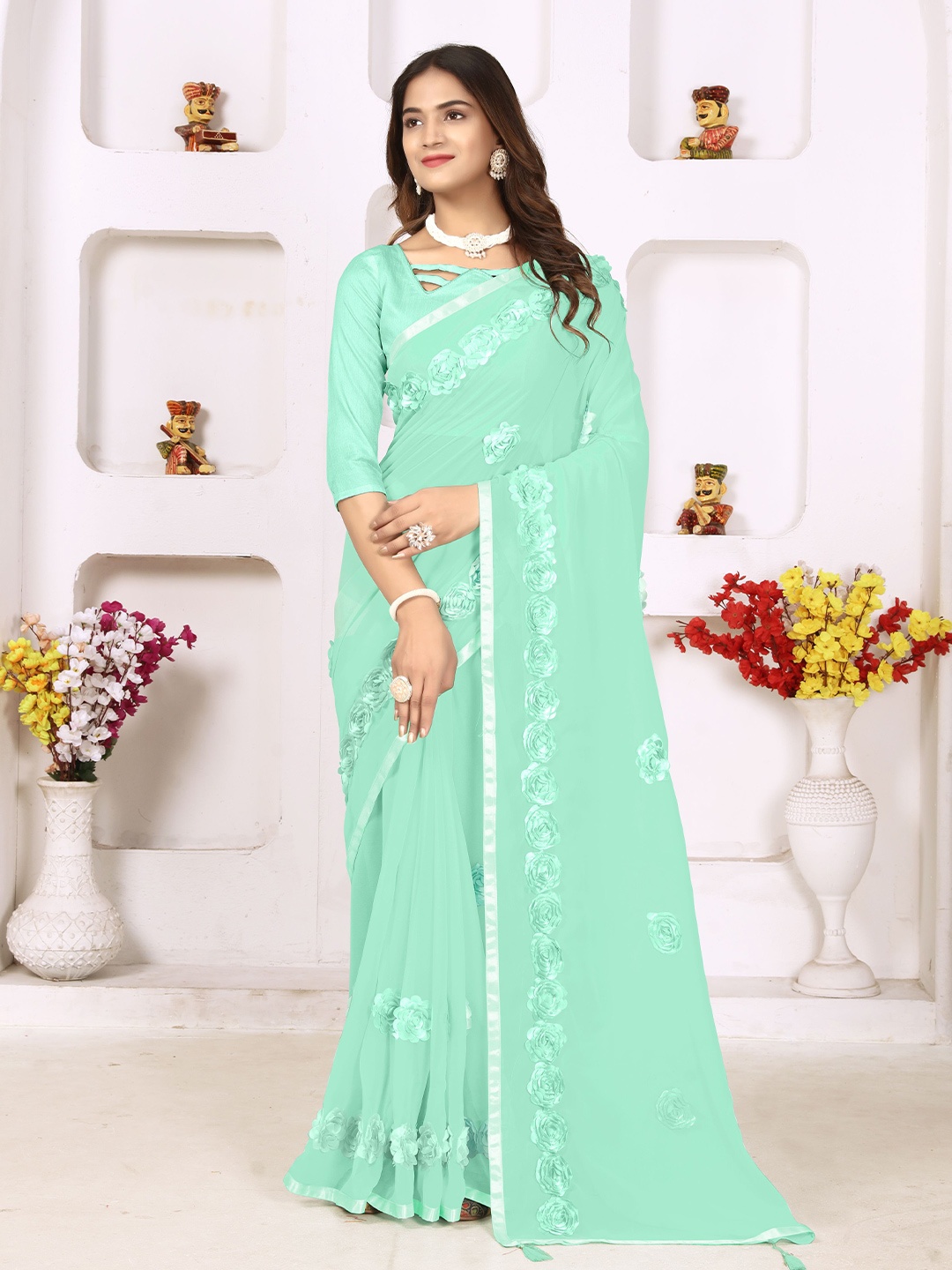 

NIRMAL CREATION Floral Embroidered Pure Georgette Saree, Green